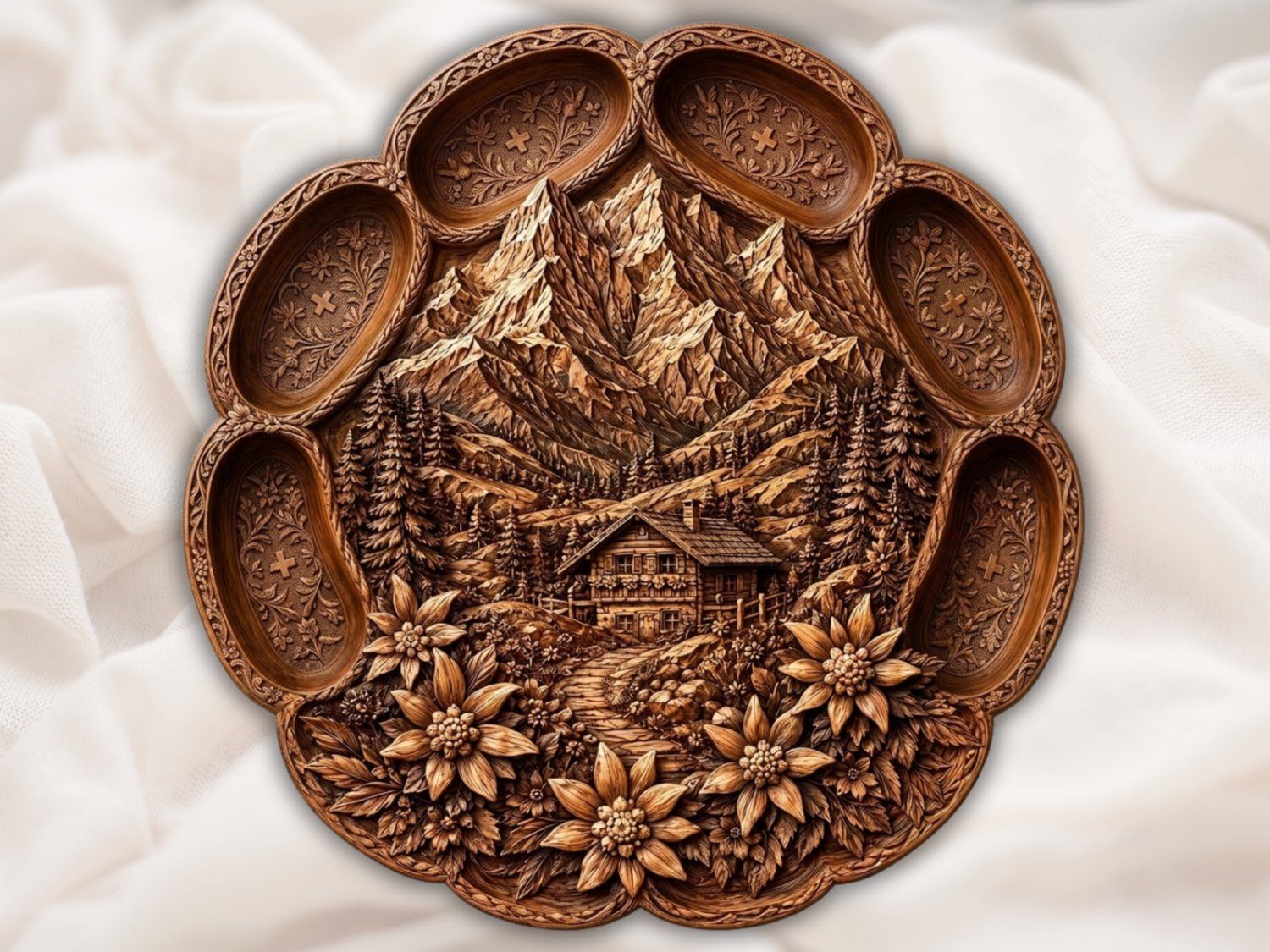 Swiss Alpine Cabin Mountain Scene CNC Relief STL | Rustic Lodge Wall Art | Wood Carving Panel Decor — carved bas relief STL file for CNC