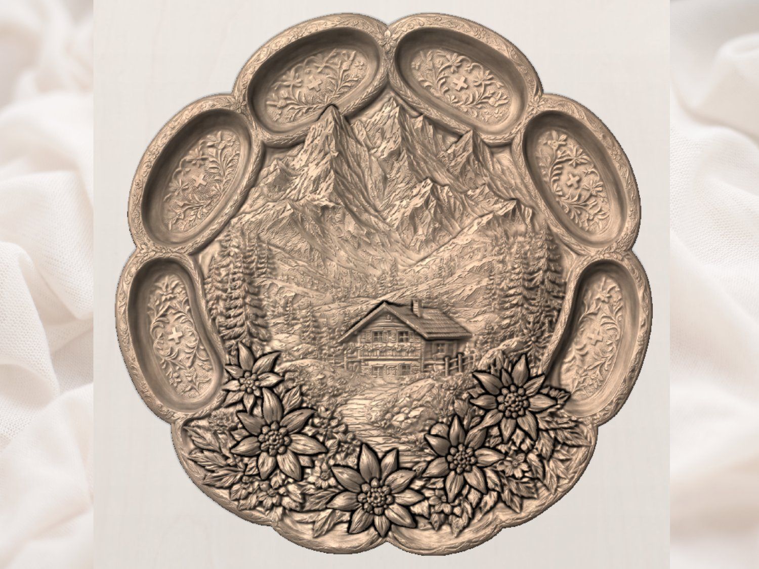 Swiss Alpine Cabin Mountain Platter CNC Relief STL bas-relief STL — view 2