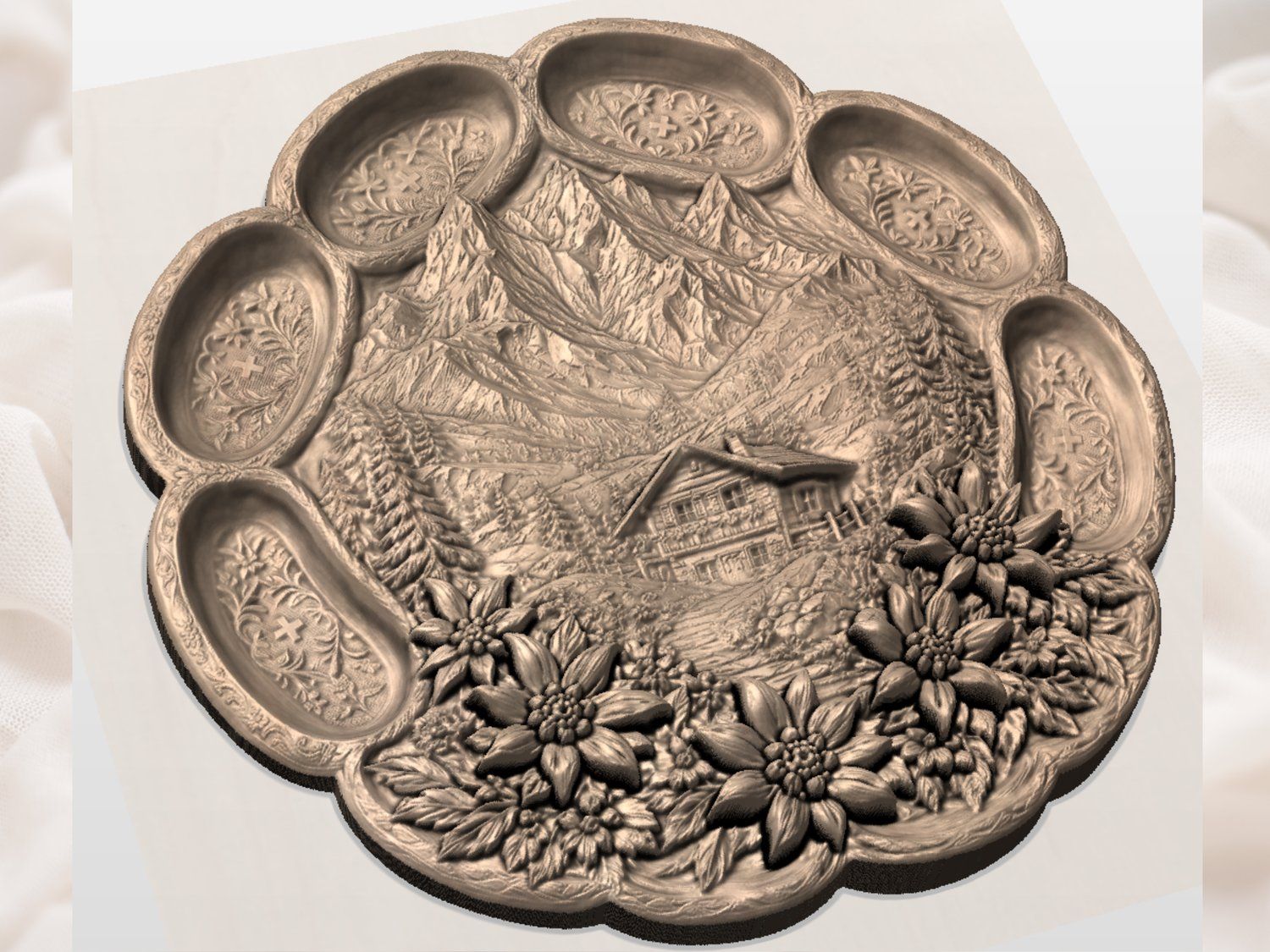 Swiss Alpine Cabin Mountain Platter CNC Relief STL bas-relief STL — view 3