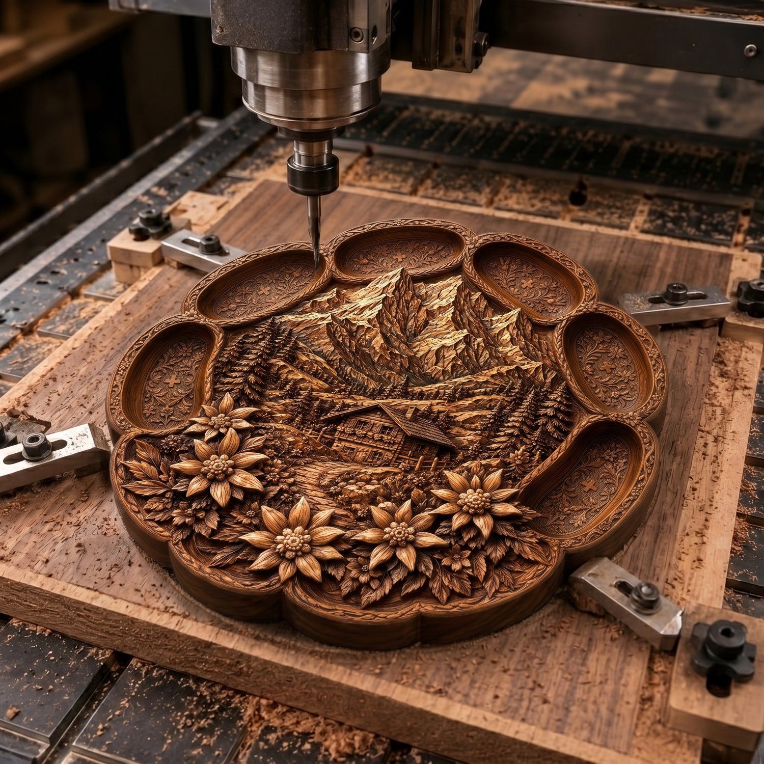 Swiss Alpine Cabin Mountain Platter CNC Relief STL bas-relief STL — view 4