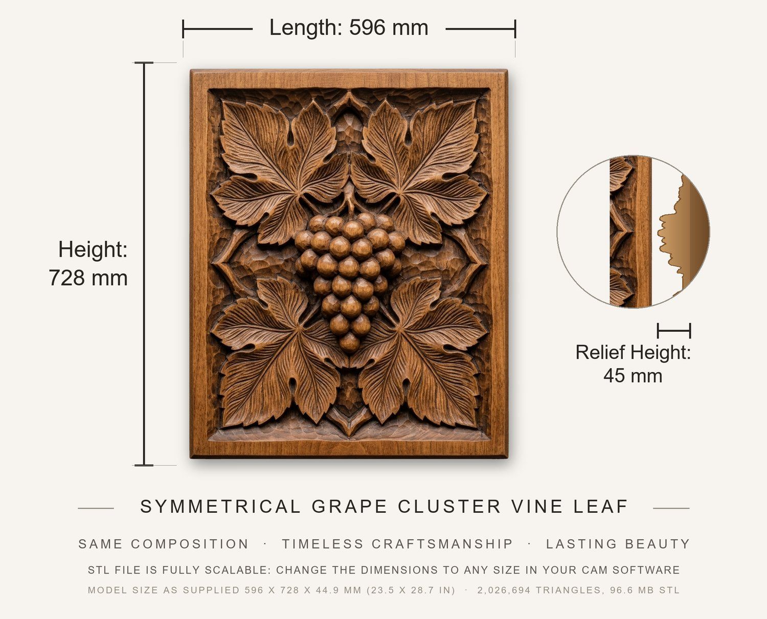 Symmetrical Grape Cluster Vine Leaf CNC Relief STL bas-relief STL — view 12