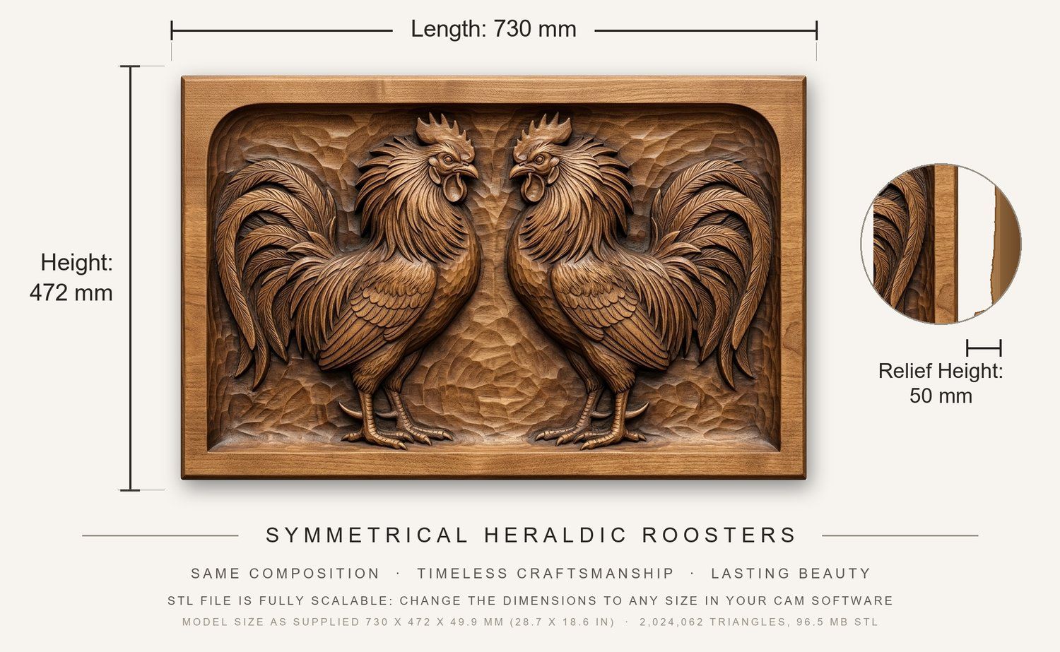 Rooster Fight CNC Relief STL bas-relief STL — view 3