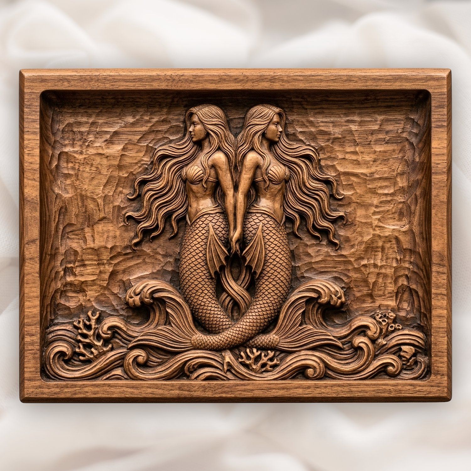Symmetrical Mermaid Duo Fantasy CNC Relief STL bas-relief STL design
