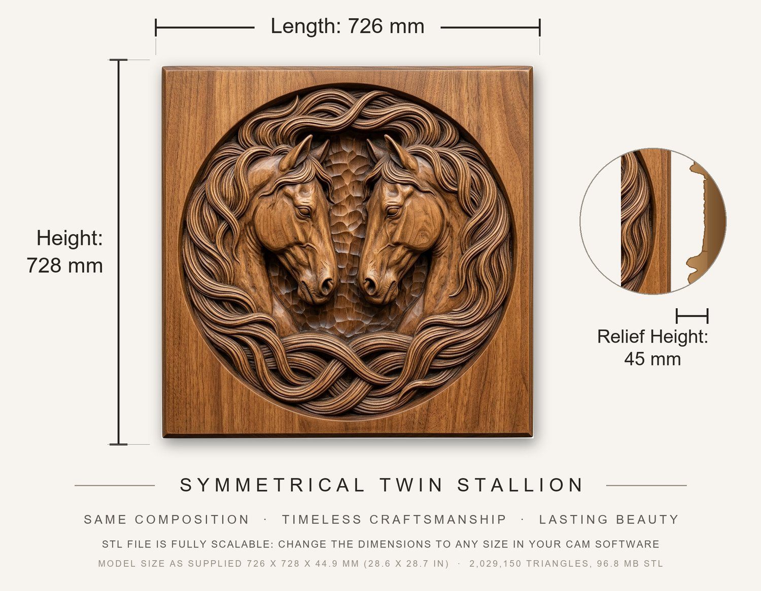 Symmetrical Twin Stallion CNC Relief STL bas-relief STL — view 3