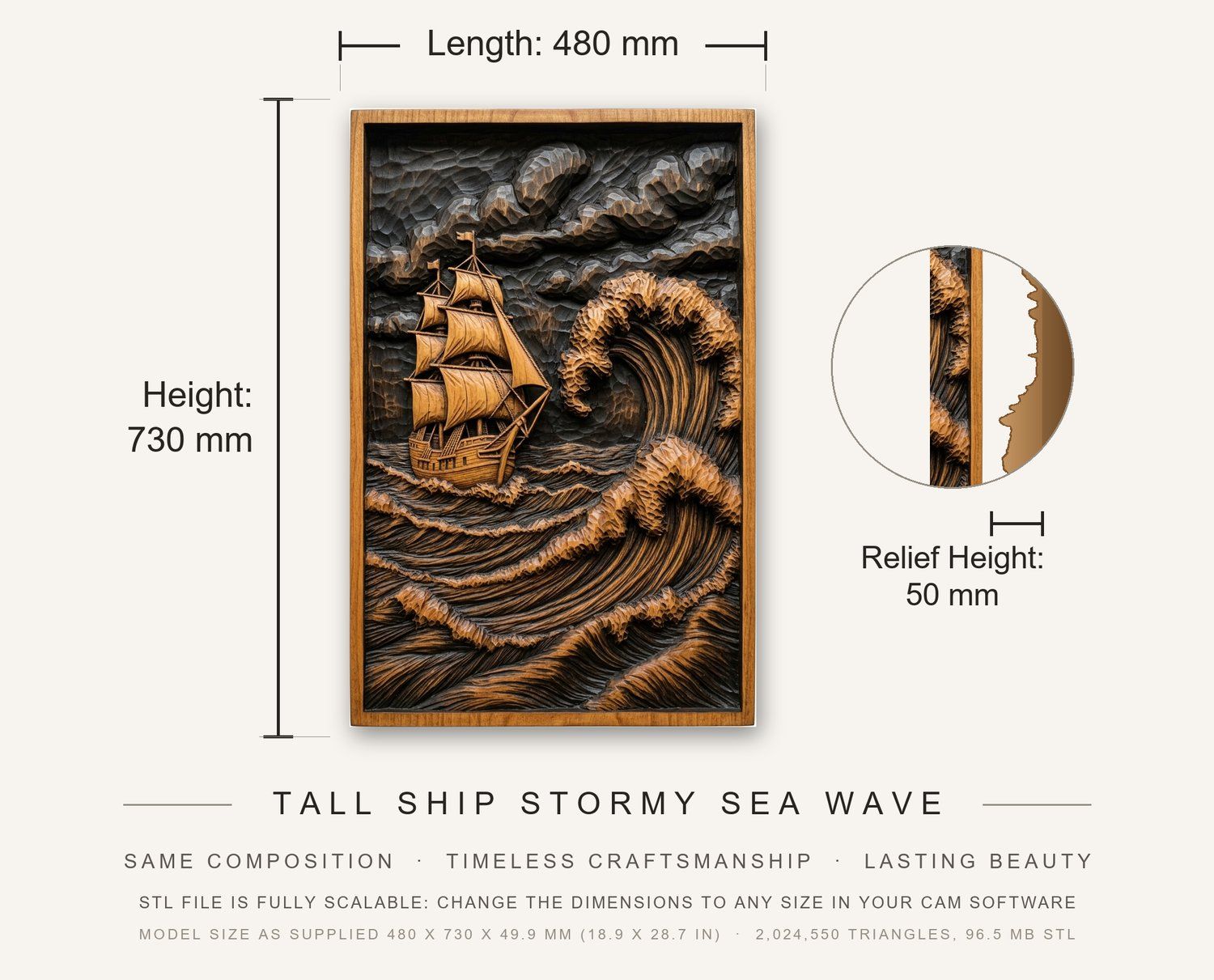Tall Ship Stormy Sea Wave CNC Relief STL bas-relief STL — view 3