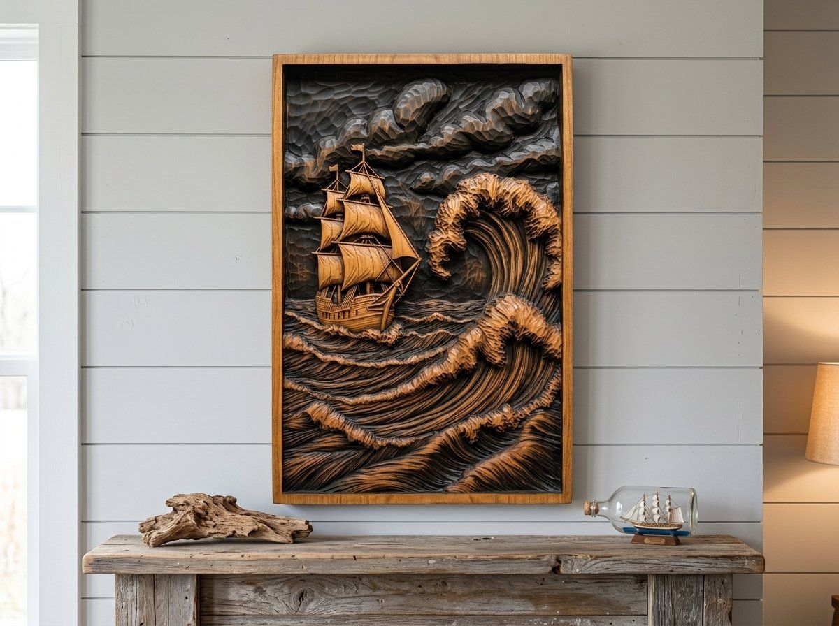 Tall Ship Stormy Sea Wave CNC Relief STL bas-relief STL — view 14