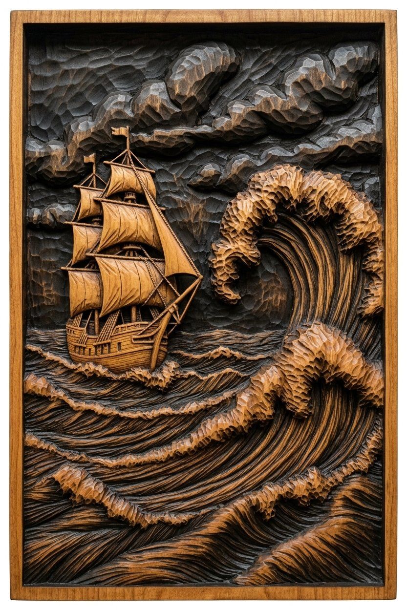 Tall Ship Stormy Sea Wave CNC Relief STL bas-relief STL — view 4