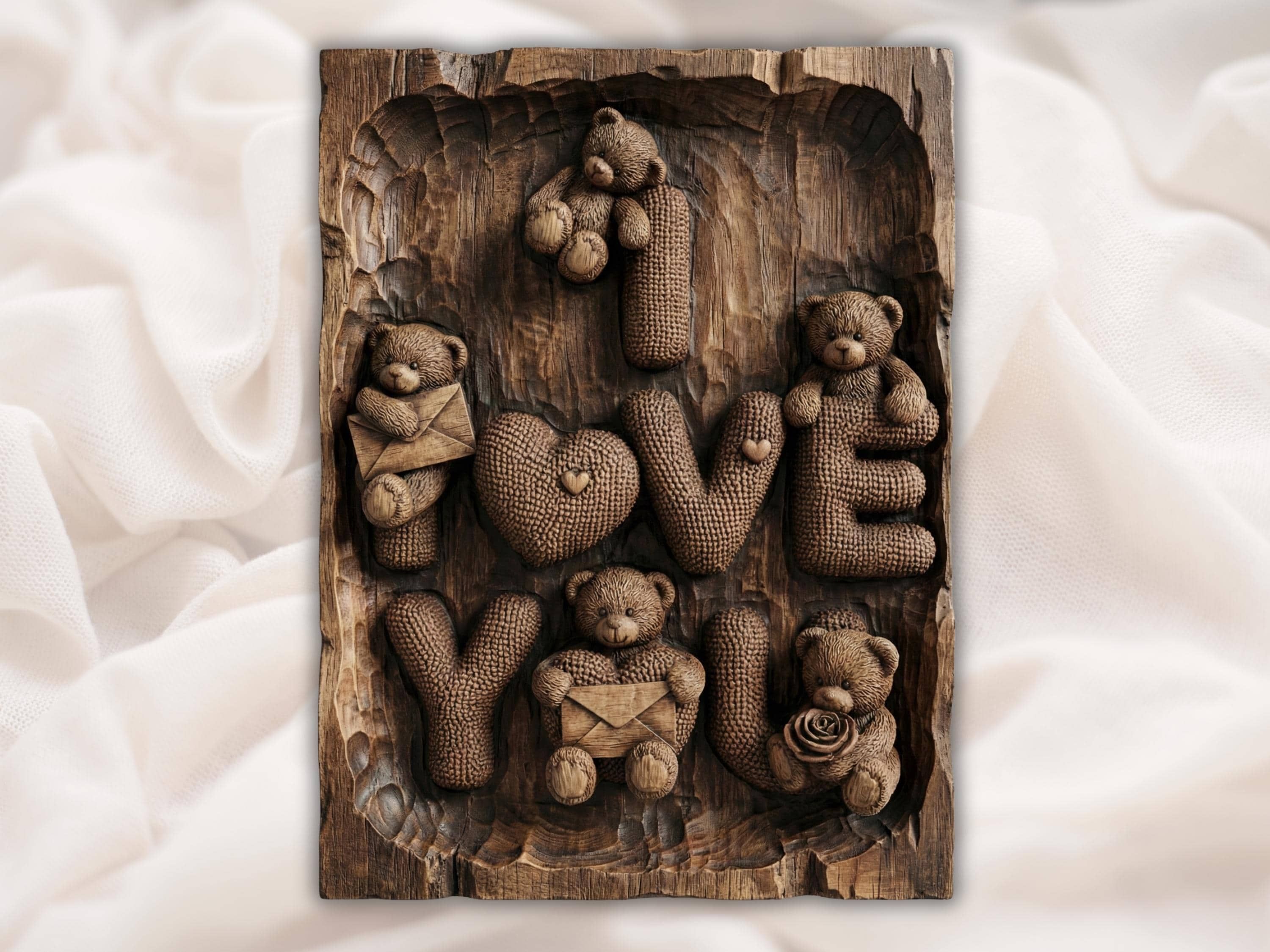 Bas-relief wood carving of teddy bears spelling LOVE in stitched knit letters, one bear holding an envelope.