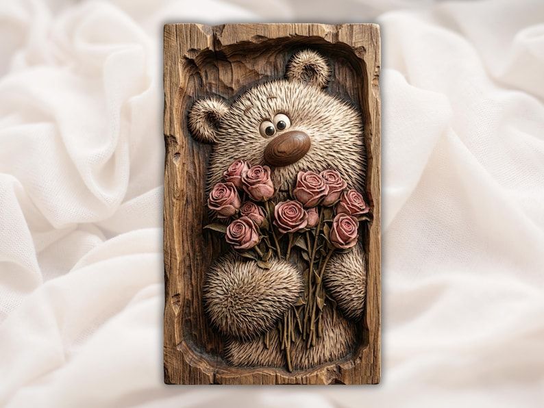 Bas-relief carving of a fluffy teddy bear holding a bouquet of pink roses inside a rustic wood frame.