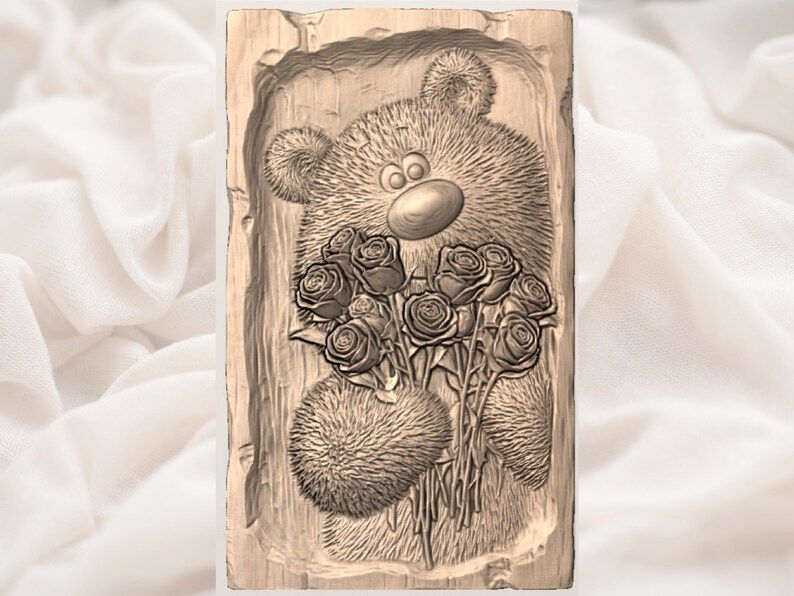 Fluffy Teddy Bear Hugging a Rose Bouquet Bas-Relief STL bas-relief STL — view 2