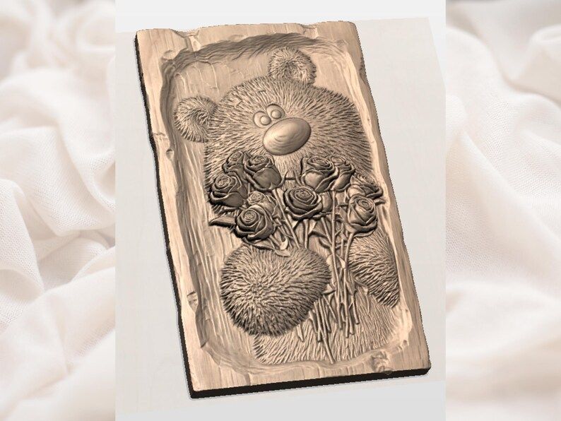 Fluffy Teddy Bear Hugging a Rose Bouquet Bas-Relief STL bas-relief STL — view 3