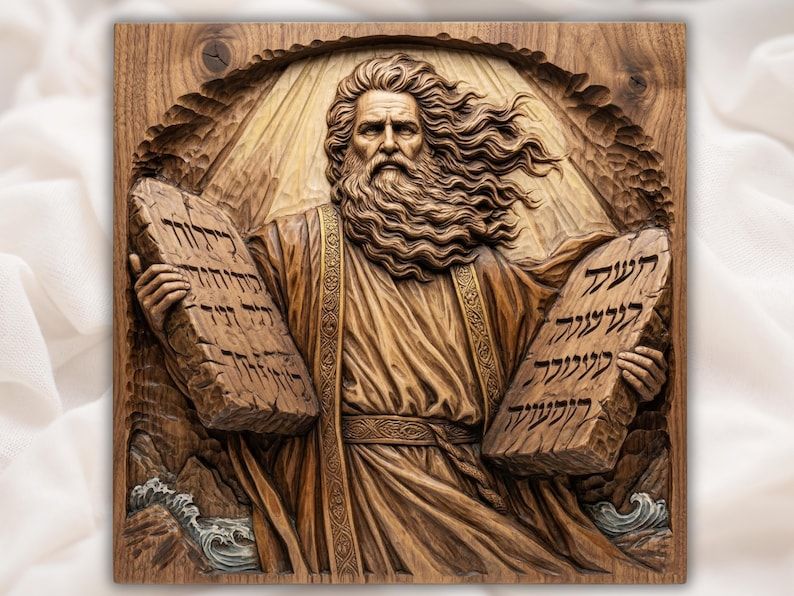 Carved wood relief of Moses with flowing hair and beard holding two stone tablets of the Ten Commandments