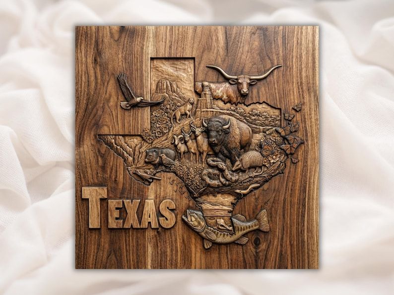 Carved walnut relief of Texas map with longhorn, bison, deer, armadillo, vulture and bass, TEXAS lettering