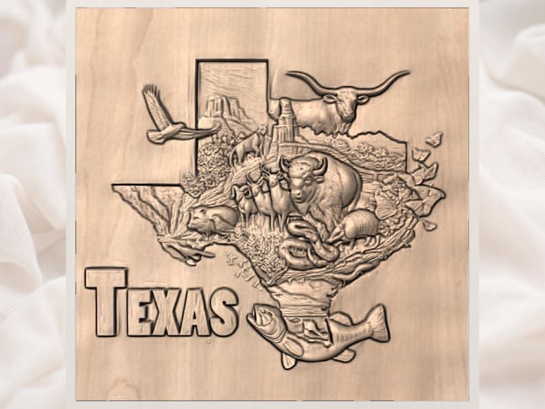 Texas Map Wildlife Relief STL with Longhorn, Bison and Bass bas-relief STL — view 2