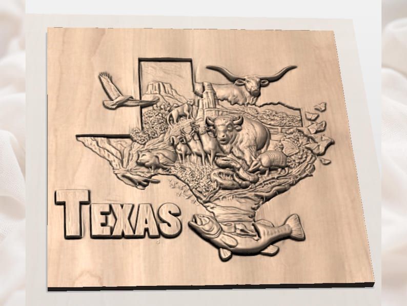 Texas Map Wildlife Relief STL with Longhorn, Bison and Bass bas-relief STL — view 3