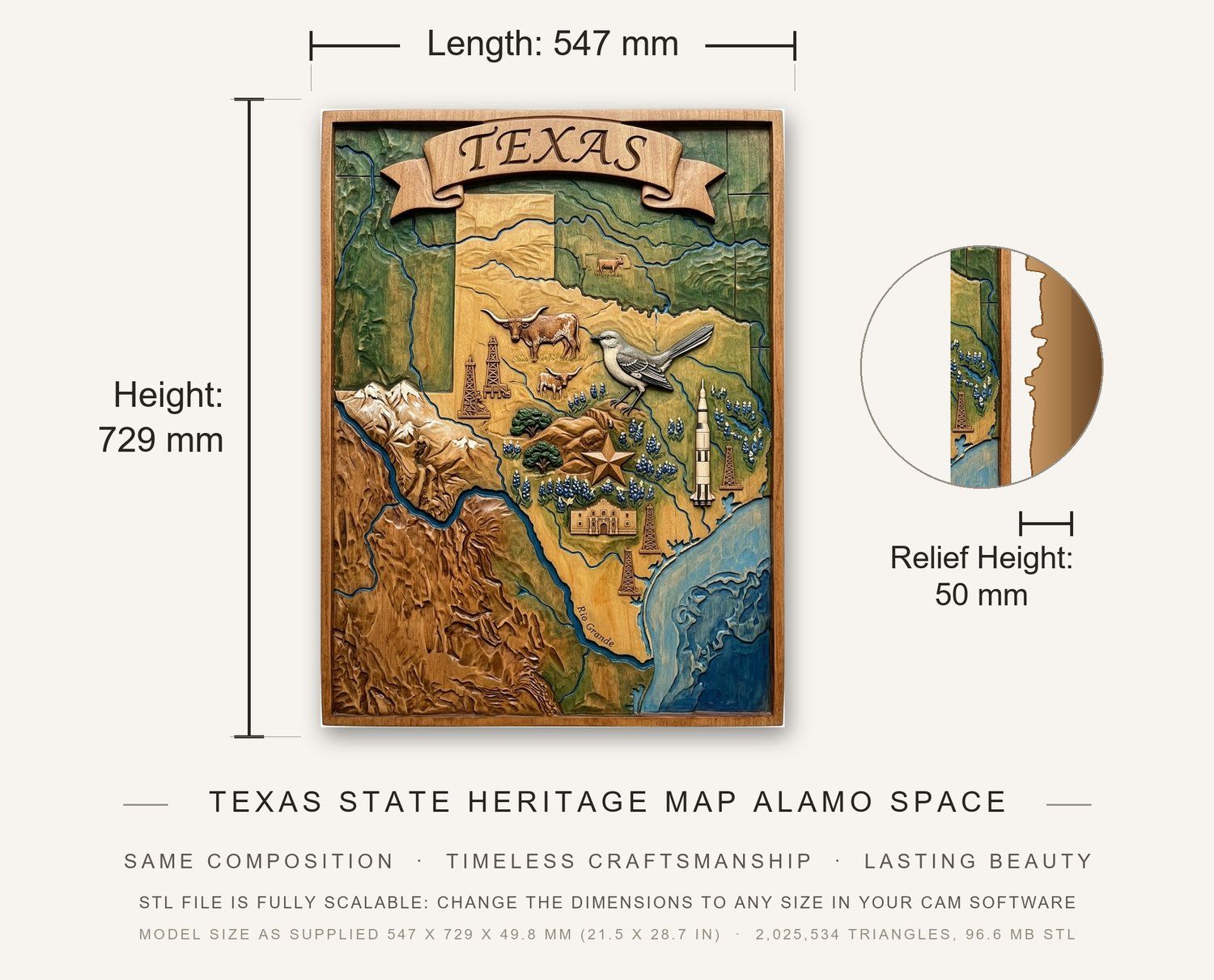 Texas State Heritage Map Alamo Space Shuttle CNC Relief STL bas-relief STL — view 3