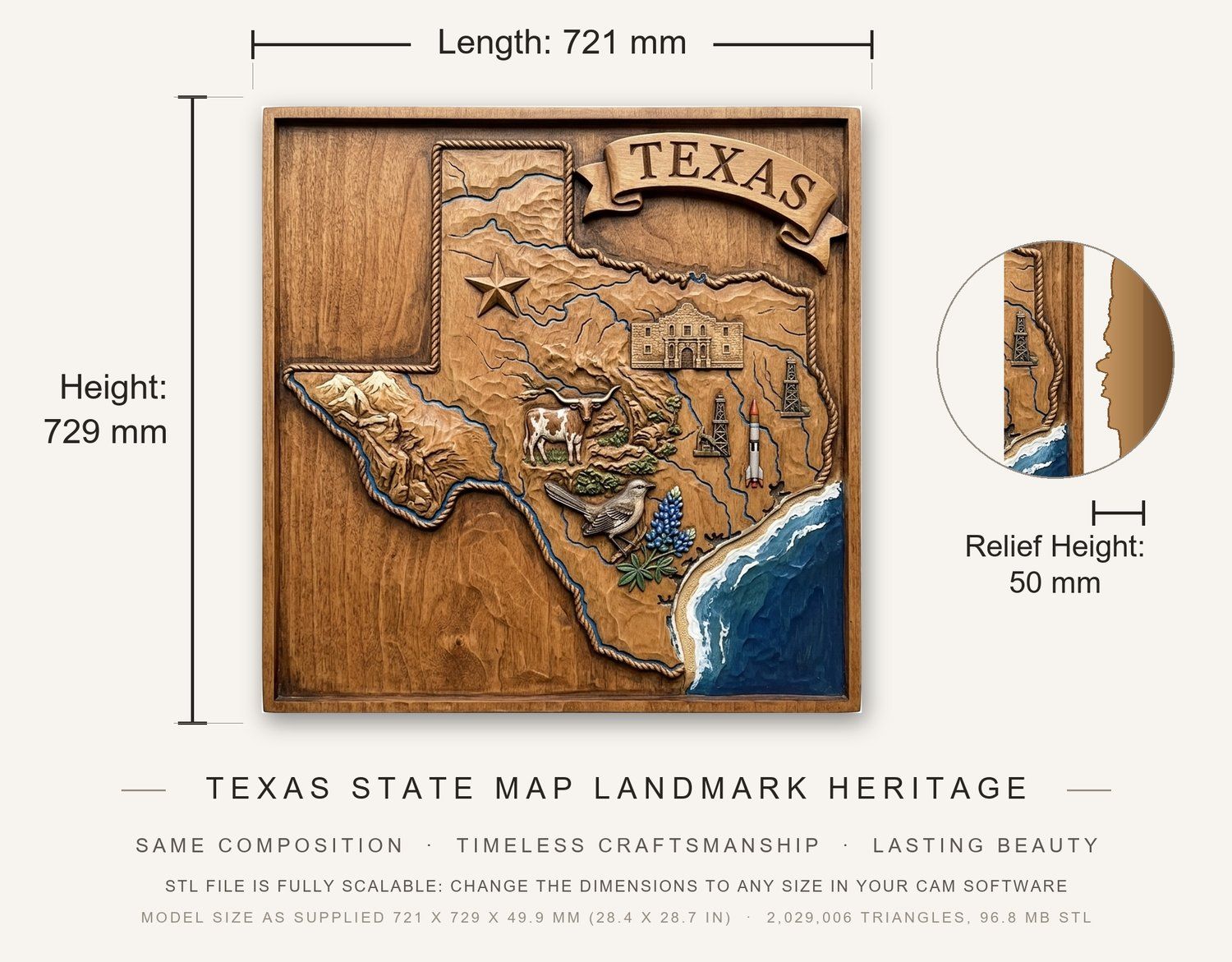 Texas State Map Landmark Heritage CNC Relief STL bas-relief STL — view 3