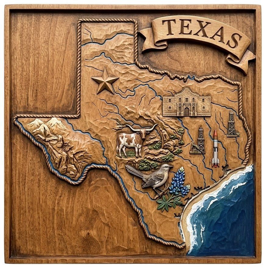 Texas State Map Landmark Heritage CNC Relief STL bas-relief STL — view 4