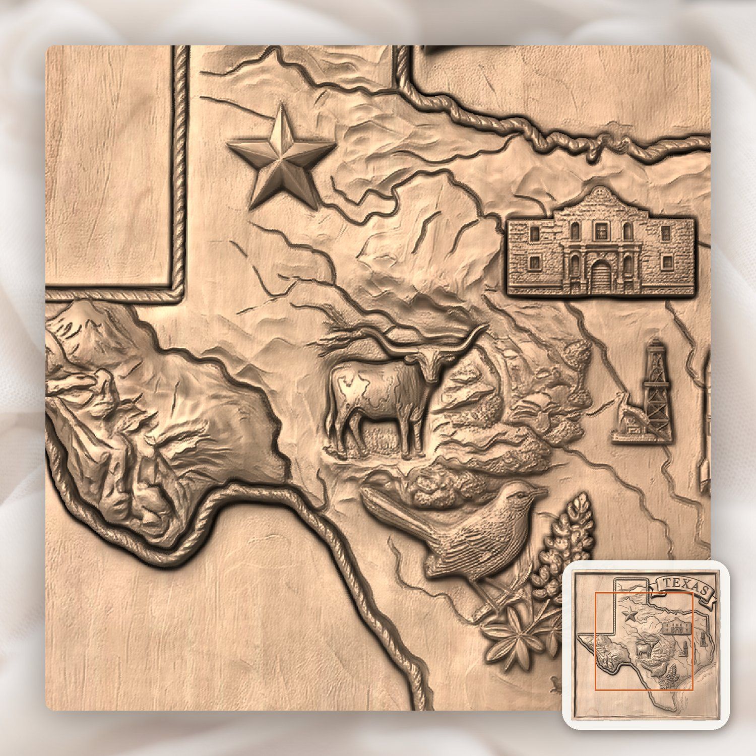 Texas State Map Landmark Heritage CNC Relief STL bas-relief STL — view 7