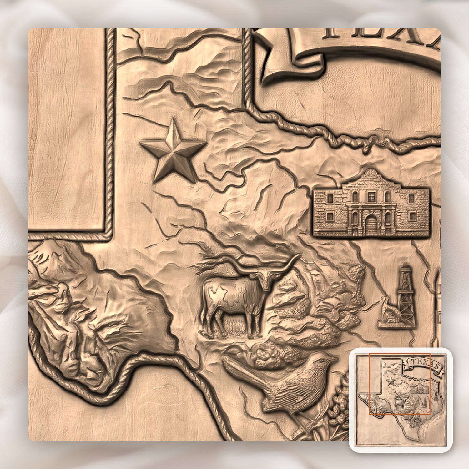 Texas State Map Landmark Heritage CNC Relief STL bas-relief STL — view 8