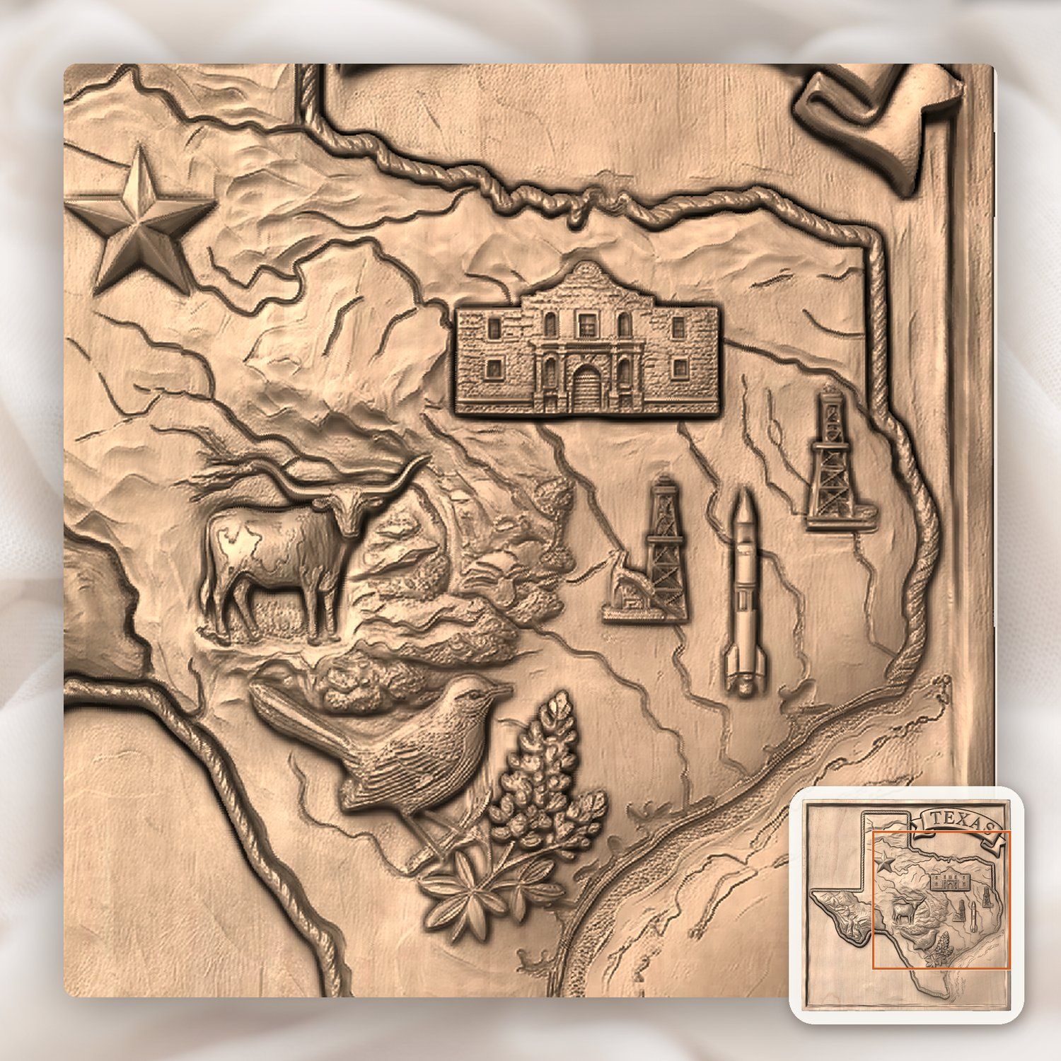 Texas State Map Landmark Heritage CNC Relief STL bas-relief STL — view 9