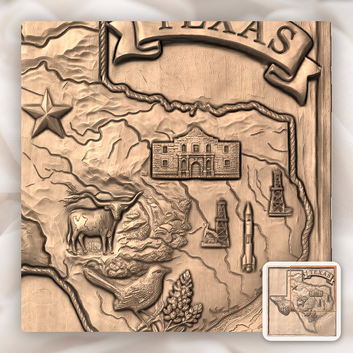 Texas State Map Landmark Heritage CNC Relief STL bas-relief STL — view 10