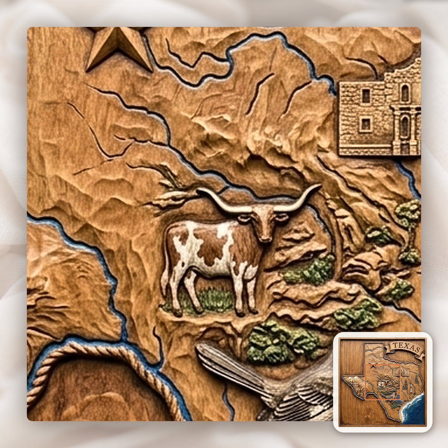 Texas State Map Landmark Heritage CNC Relief STL bas-relief STL — view 11