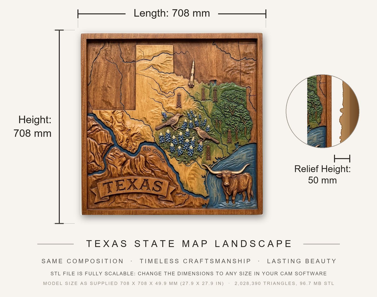 Texas State Map Landscape CNC Relief STL bas-relief STL — view 3