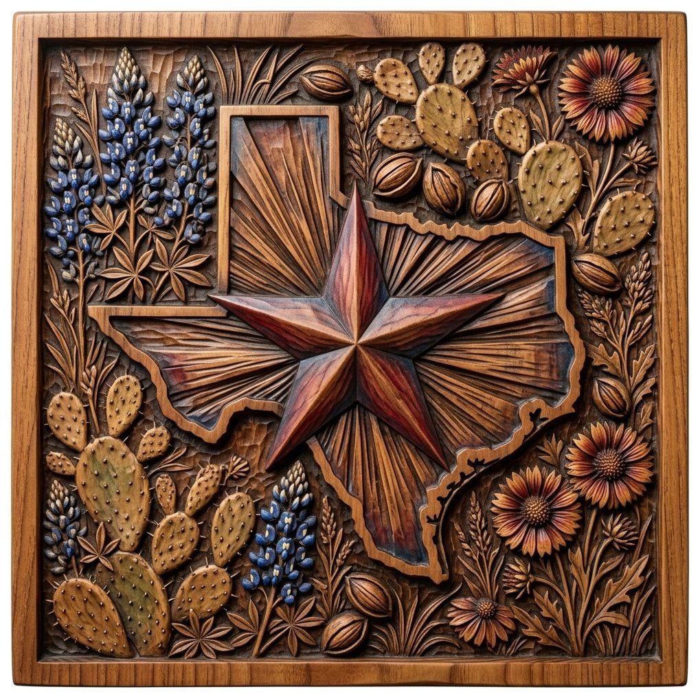 Texas State Map Lone Star Flowers CNC Relief STL bas-relief STL design