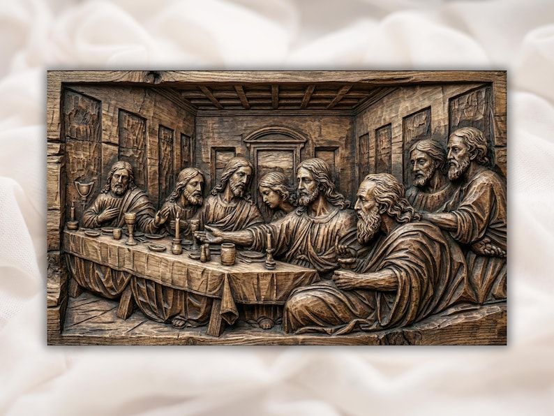 Carved wood bas-relief of the Last Supper, Jesus and the apostles seated at a long table