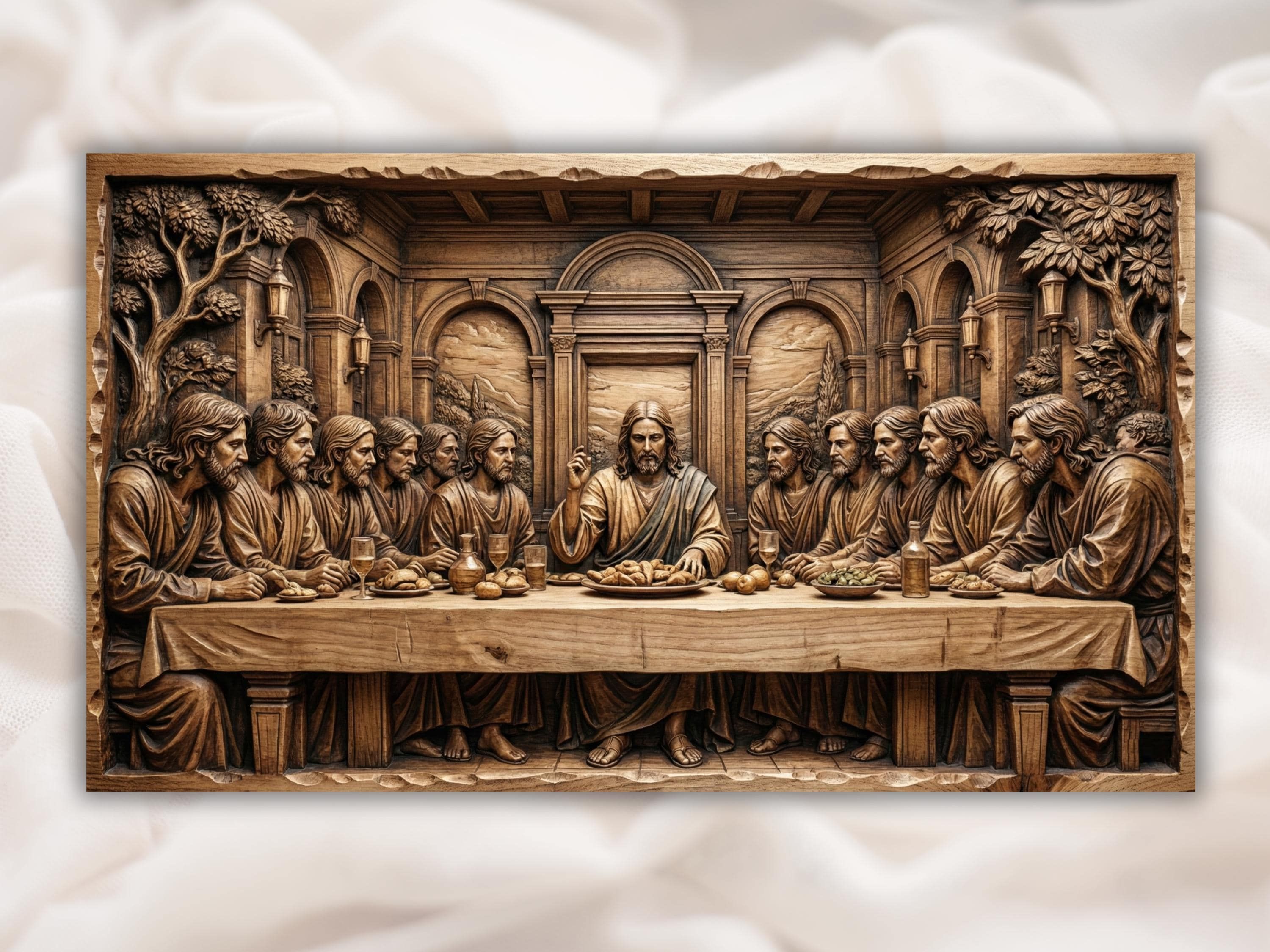 Carved wood bas-relief of the Last Supper, Jesus seated with apostles, bread and wine on a table