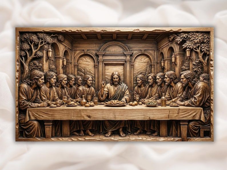Carved wood bas-relief of The Last Supper, Jesus blessing bread surrounded by twelve apostles at a long table.