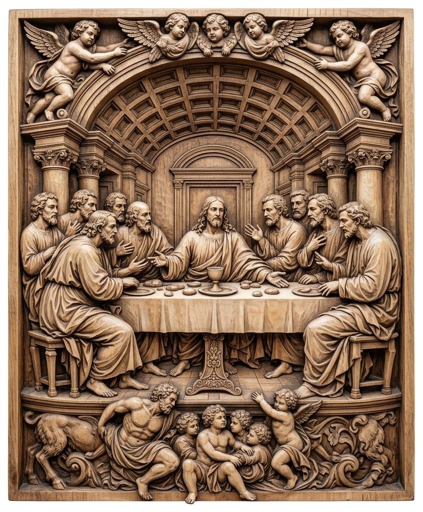 The Last Supper Sacred Christian Wall Art CNC Relief STL | 3D Wood Carving Panel | Religious Home Decor | Classic Disciples Scene — carved bas relief STL file for CNC