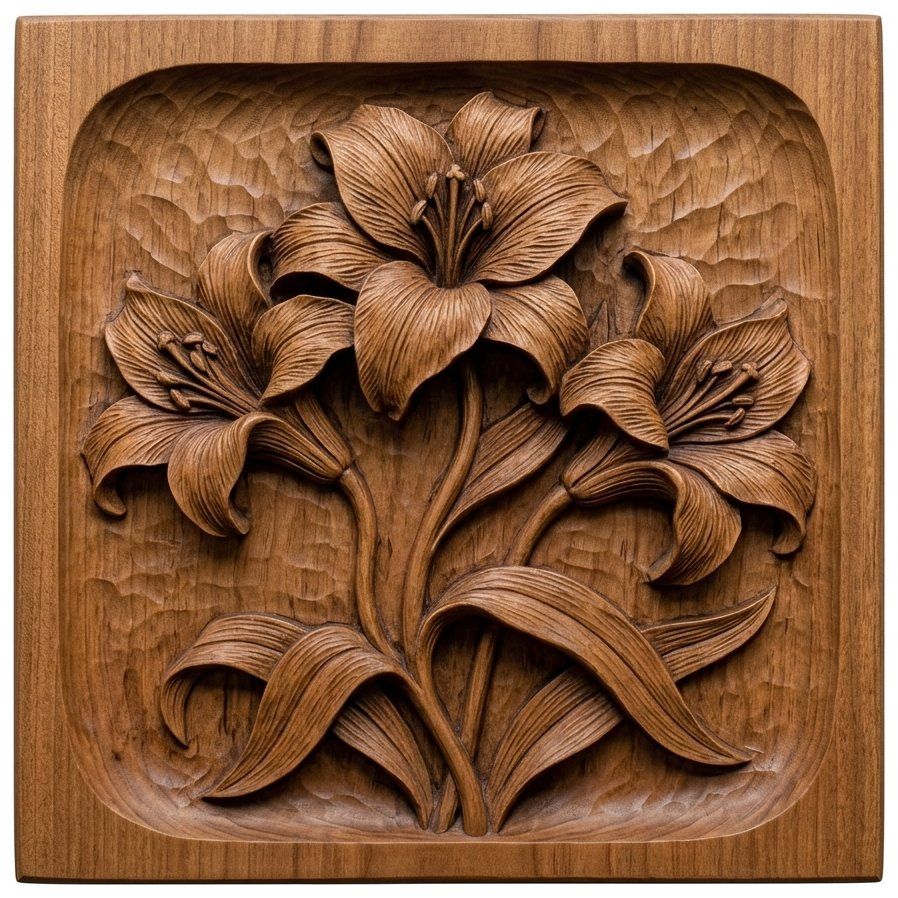 Three Elegant Lilies Floral Wood Carving CNC Relief STL bas-relief STL — view 12