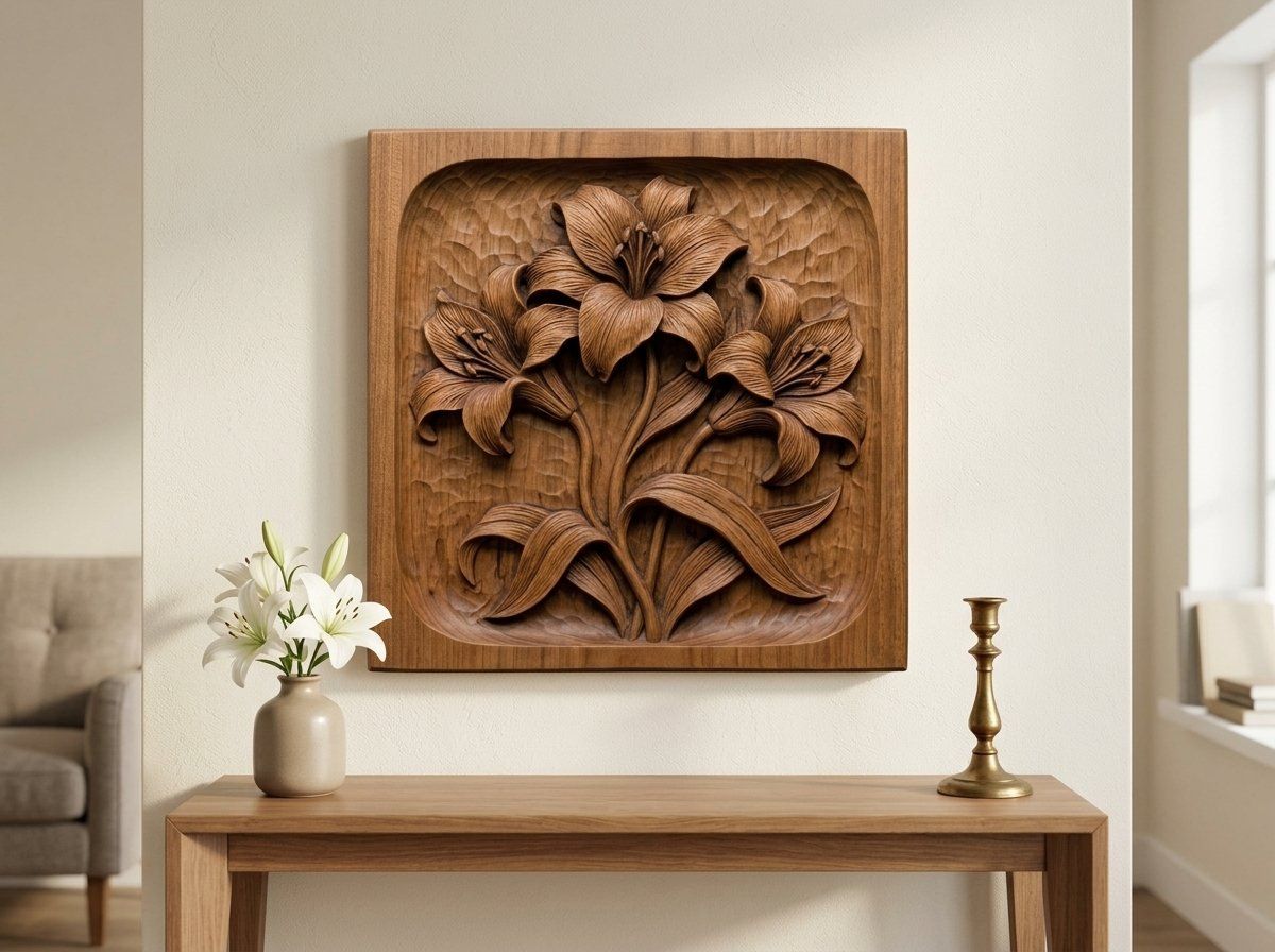 Three Elegant Lilies Floral Wood Carving CNC Relief STL bas-relief STL — view 13