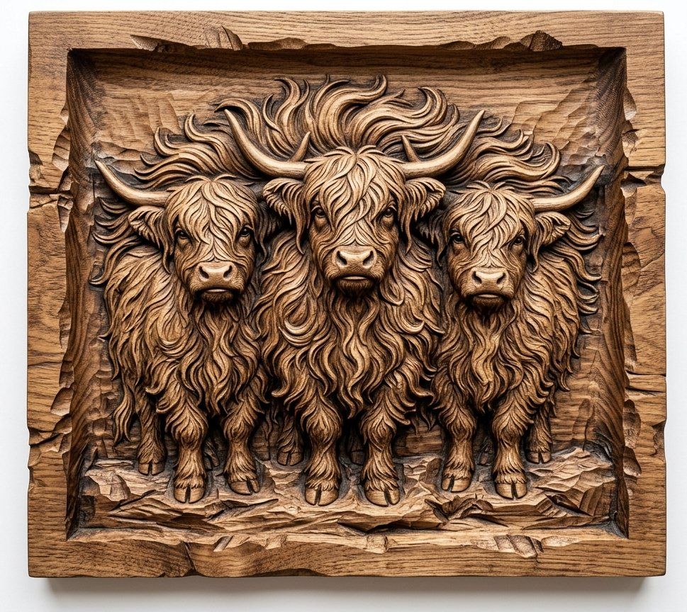Three Highland Cows Scottish Coo CNC Relief STL bas-relief STL — view 12