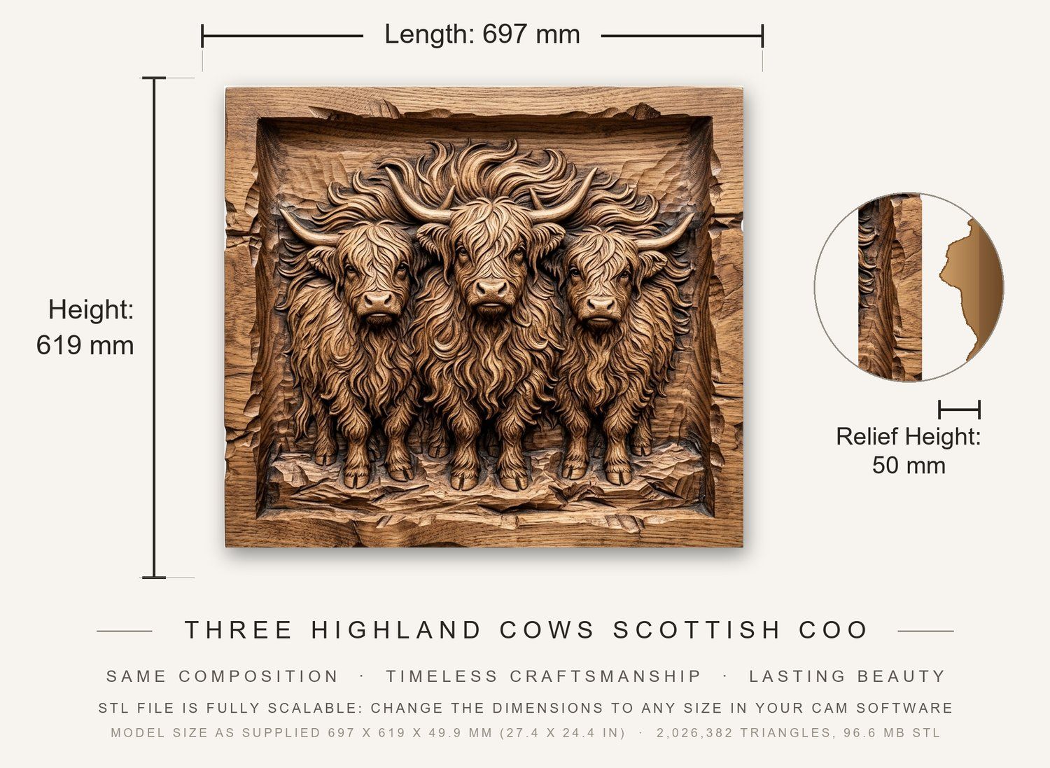 Three Highland Cows Scottish Coo CNC Relief STL bas-relief STL — view 3