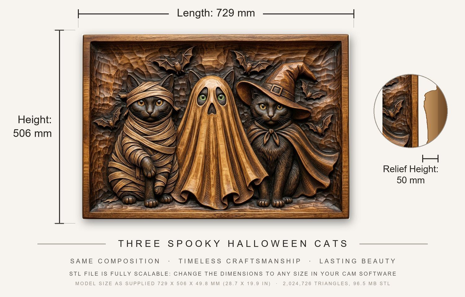 Three Spooky Halloween Cats CNC Relief STL bas-relief STL — view 3