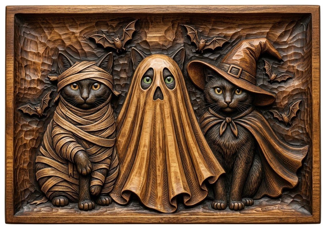 Three Spooky Halloween Cats CNC Relief STL bas-relief STL — view 4