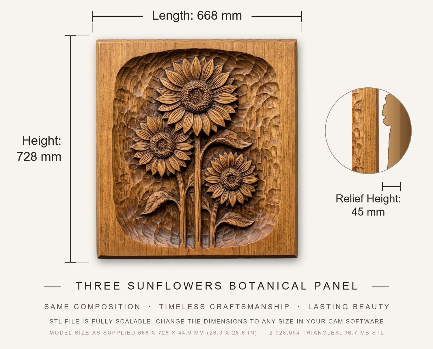 Three Sunflowers Botanical Panel CNC Relief STL bas-relief STL — view 3
