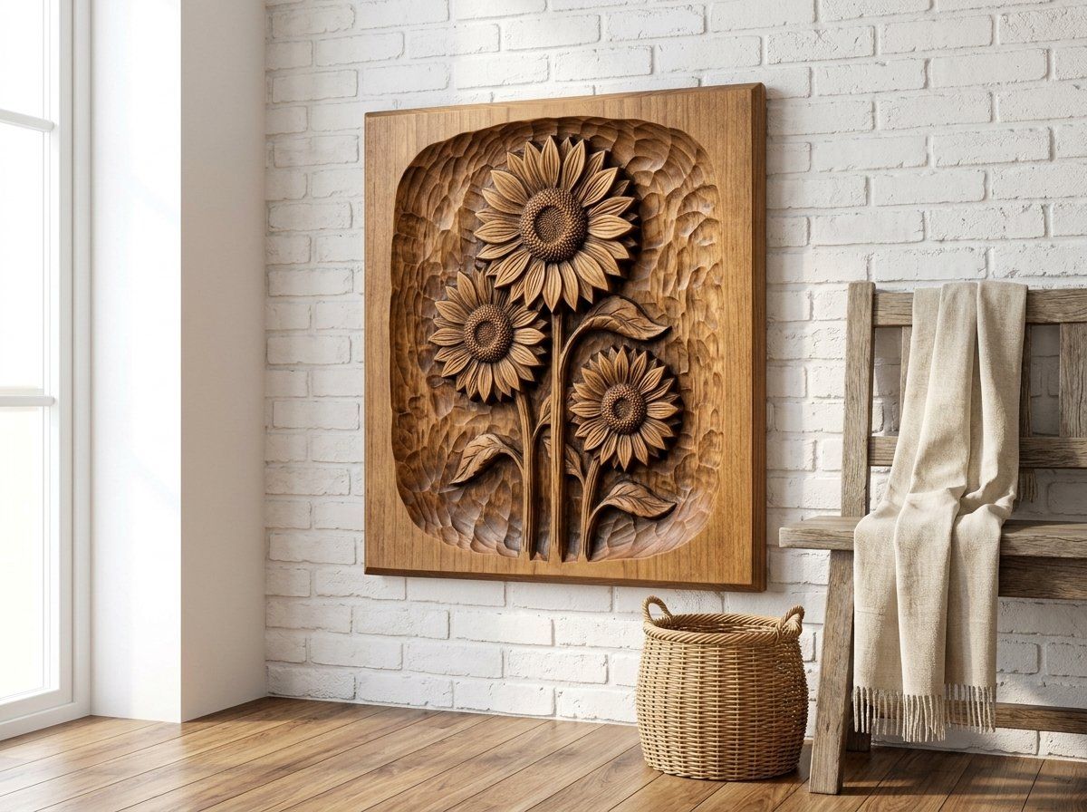 Three Sunflowers Botanical Panel CNC Relief STL bas-relief STL — view 13