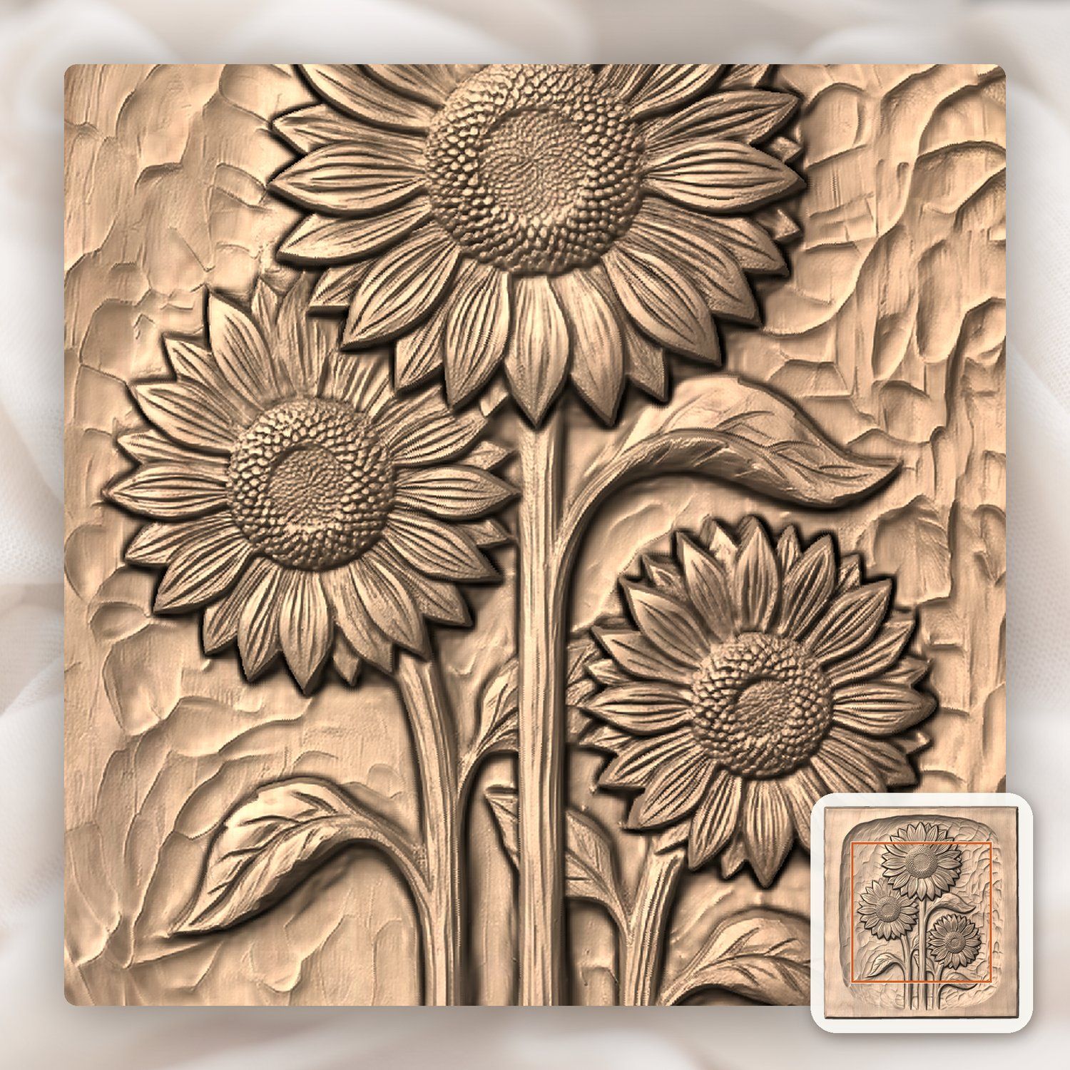 Three Sunflowers Botanical Panel CNC Relief STL bas-relief STL — view 6