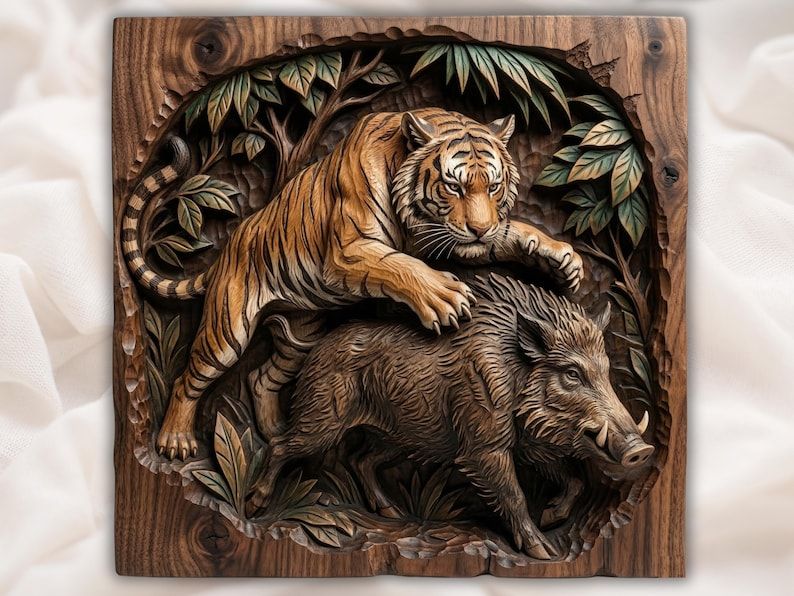 Carved bas-relief of a tiger pouncing on a charging wild boar among jungle leaves on a wood panel