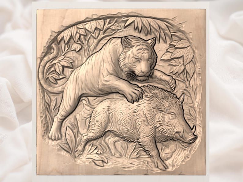 Tiger Pouncing on Wild Boar Jungle Bas-Relief STL bas-relief STL — view 2