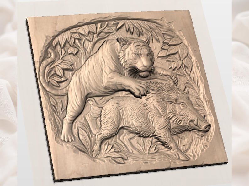 Tiger Pouncing on Wild Boar Jungle Bas-Relief STL bas-relief STL — view 3