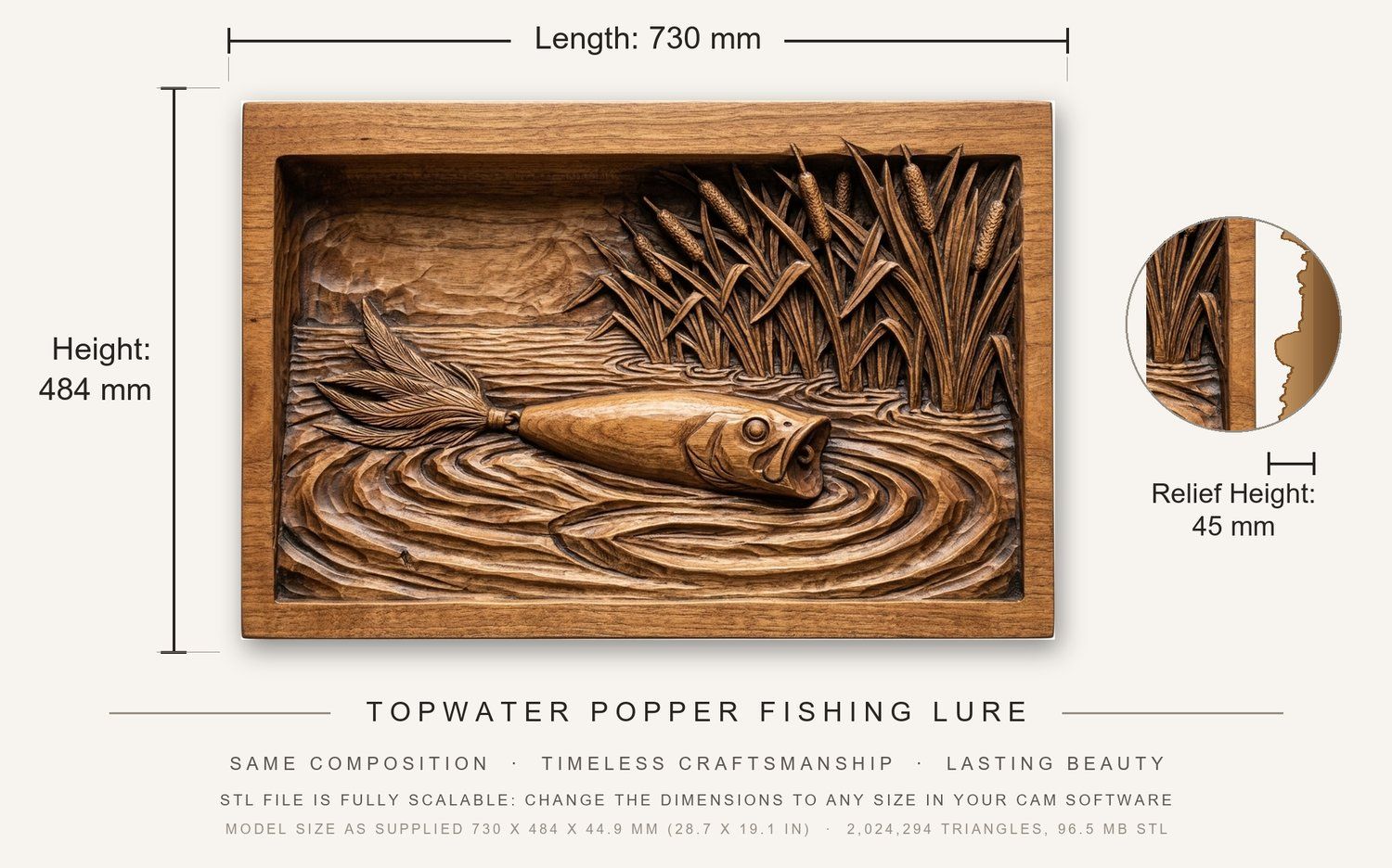 Topwater Popper Fishing Lure CNC Relief STL bas-relief STL — view 3