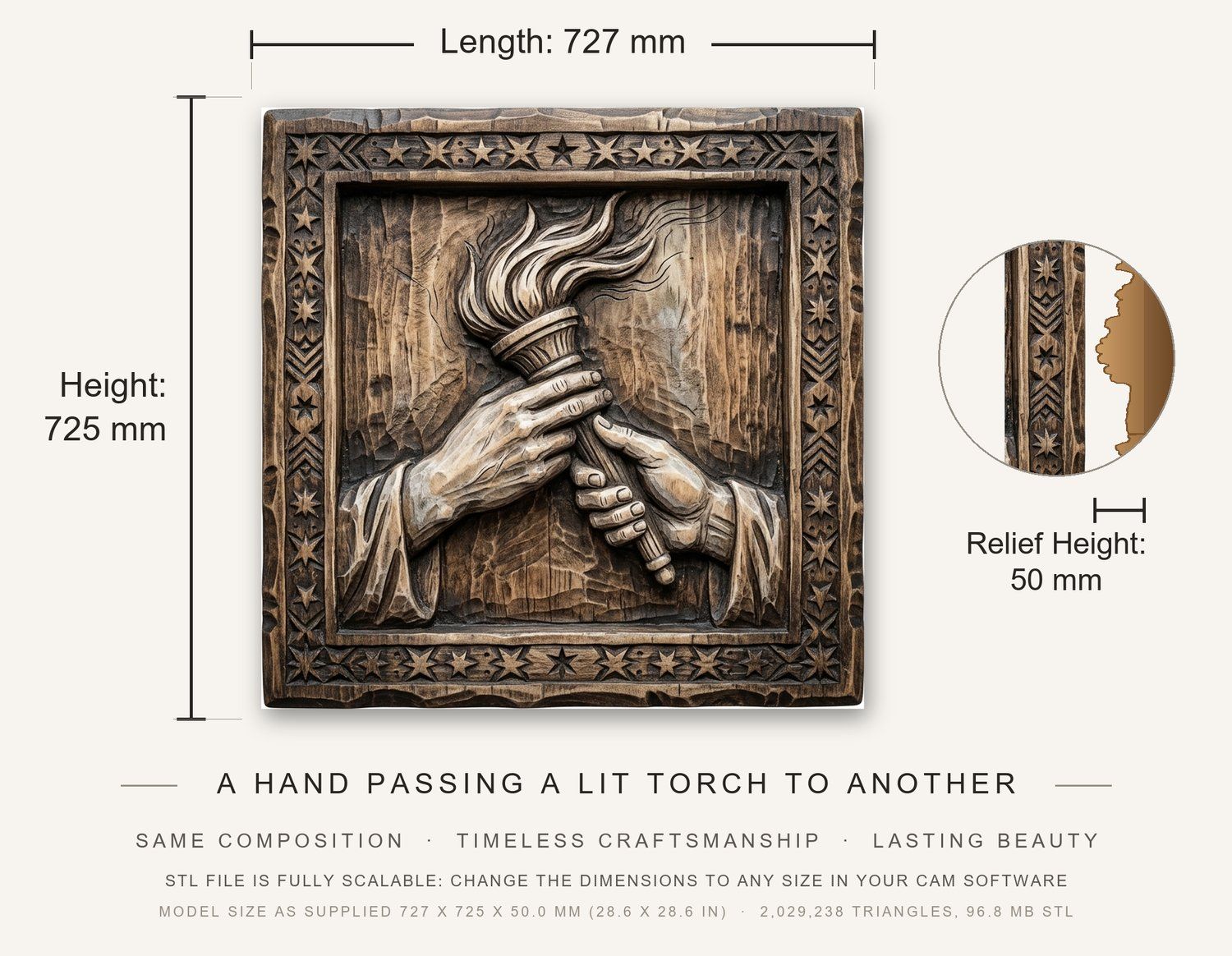 Torch of Enlightenment Unity Hands CNC Relief STL bas-relief STL — view 3