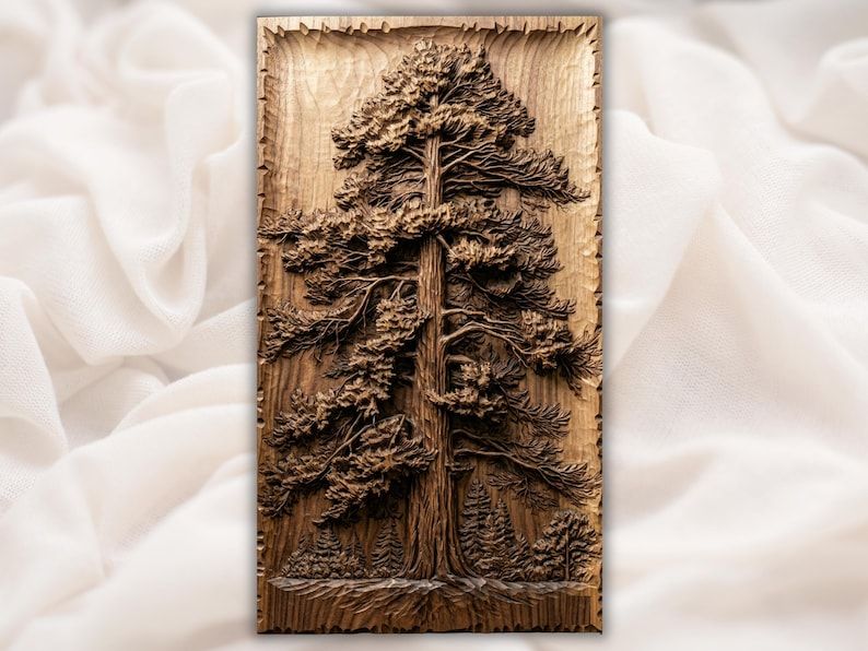 Carved wood bas-relief of a tall old growth pine tree with detailed bark and small evergreens below