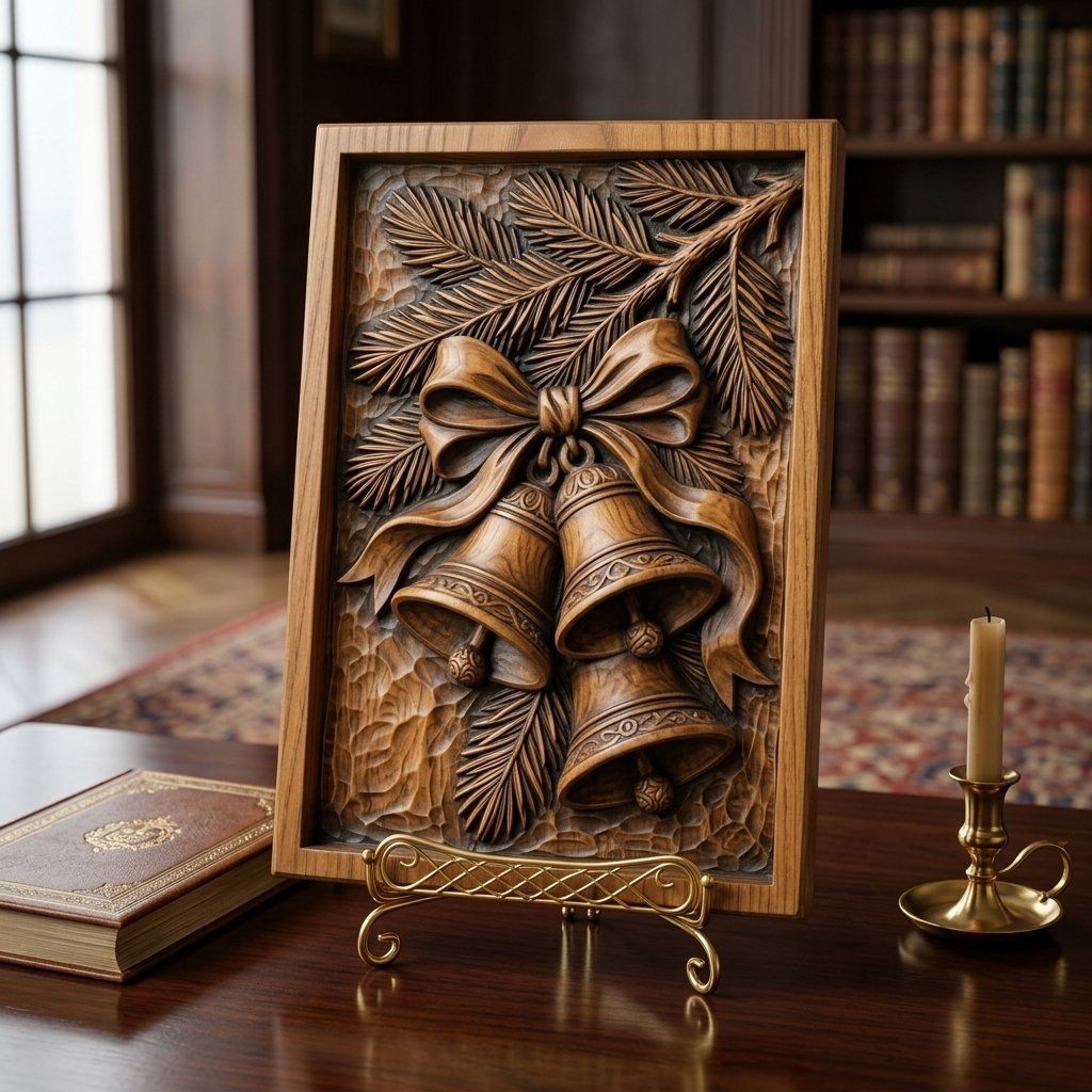 Traditional Christmas Bells Pine Branch CNC Relief STL bas-relief STL — view 3