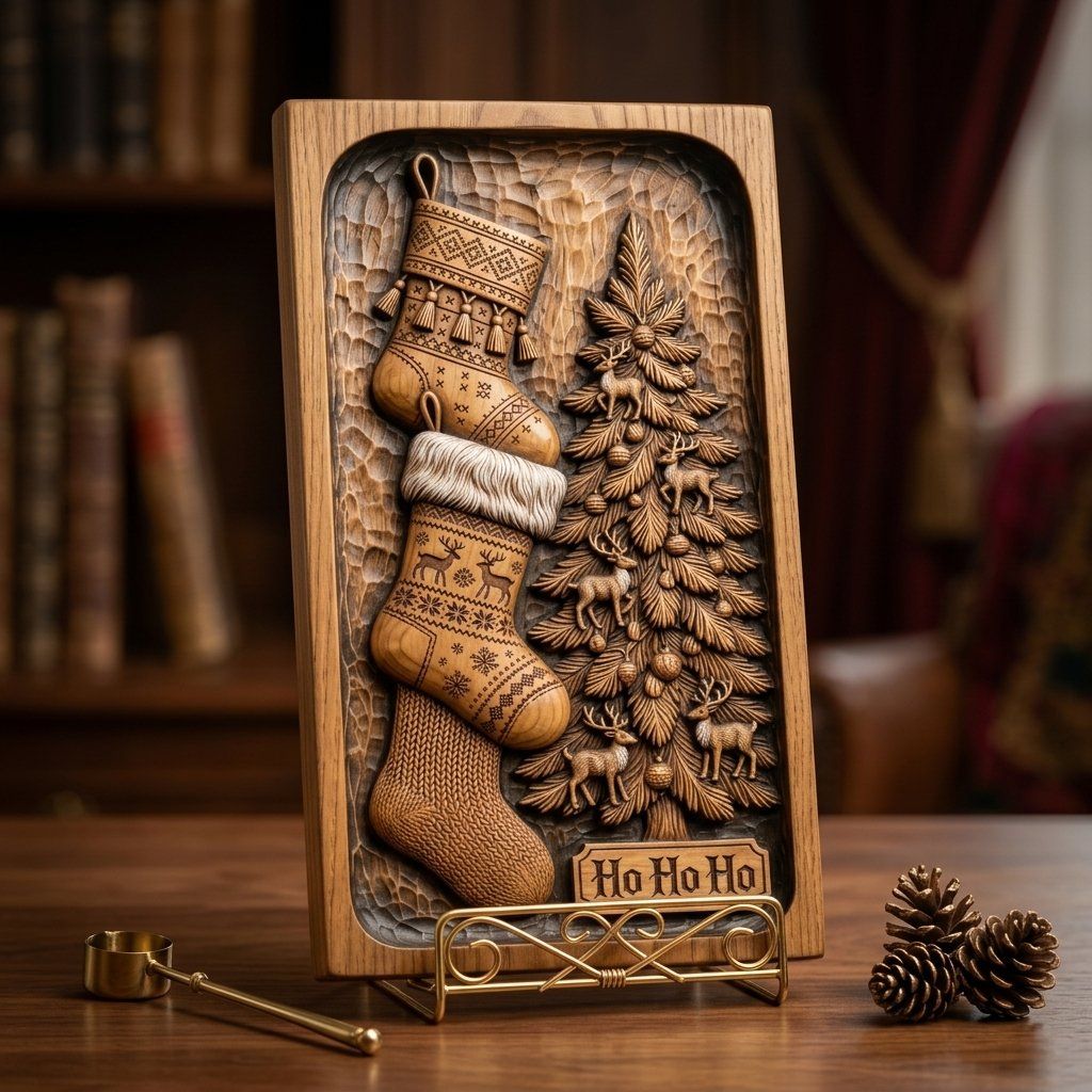 Traditional Christmas Stockings and Tree CNC Relief STL bas-relief STL — view 3